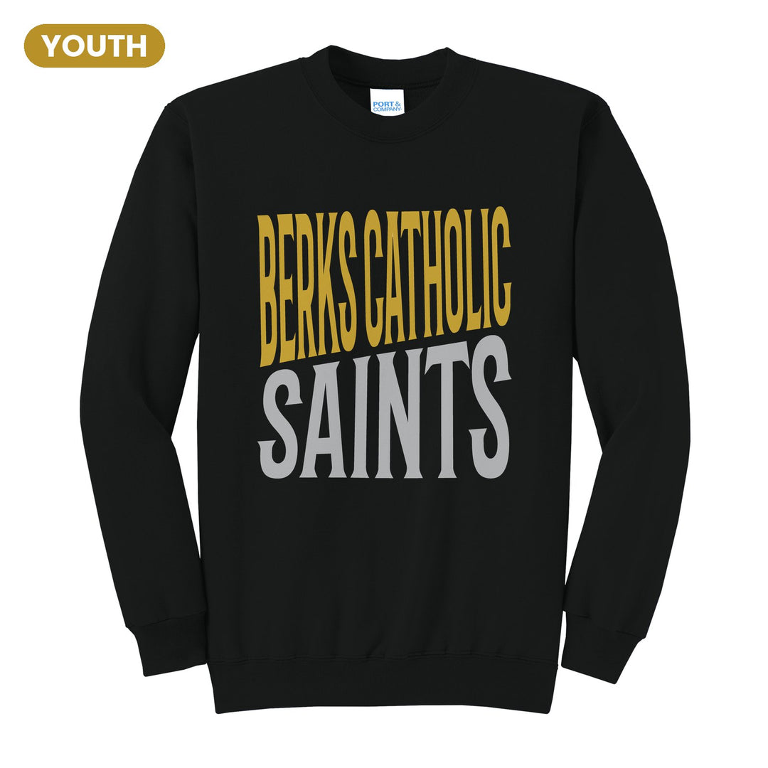 Berks Catholic Saints Block Stack youth crewneck sweatshirt in Jet Black: tall BERKS CATHOLIC stacked over SAINTS in condensed block letters