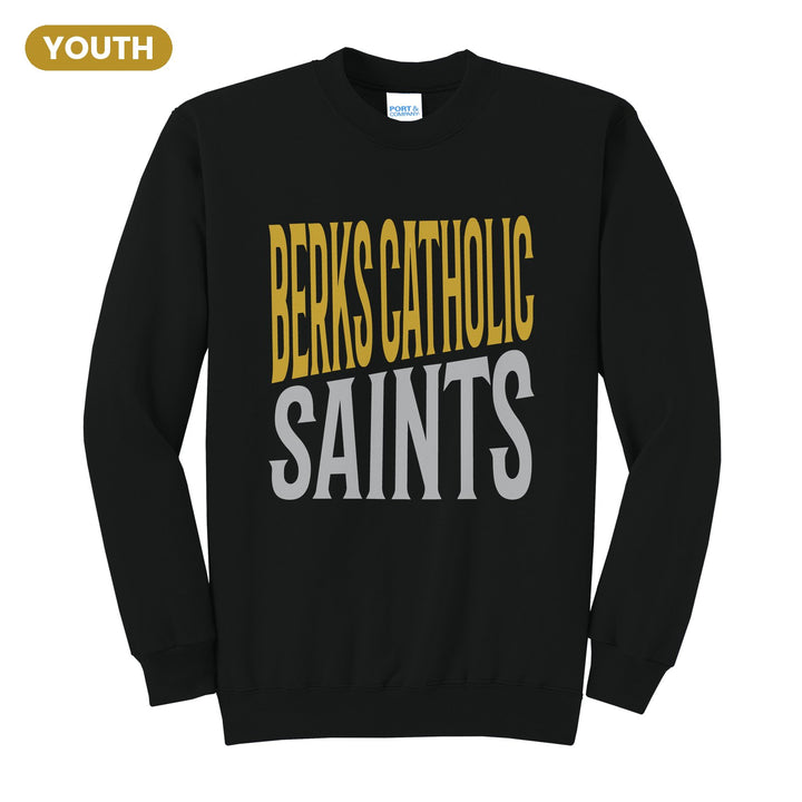 Berks Catholic Saints Block Stack youth crewneck sweatshirt in Jet Black: tall BERKS CATHOLIC stacked over SAINTS in condensed block letters