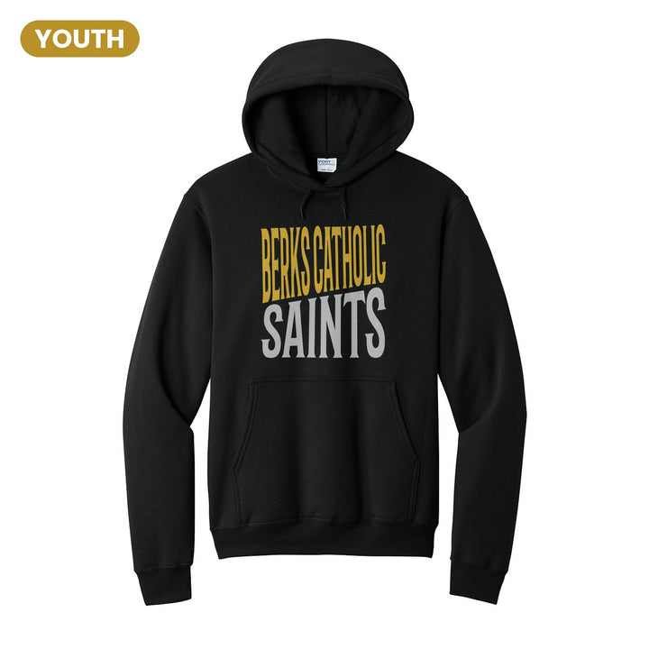 Berks Catholic Saints Block Stack youth hoodie in Jet Black: tall BERKS CATHOLIC stacked over SAINTS in condensed block letters