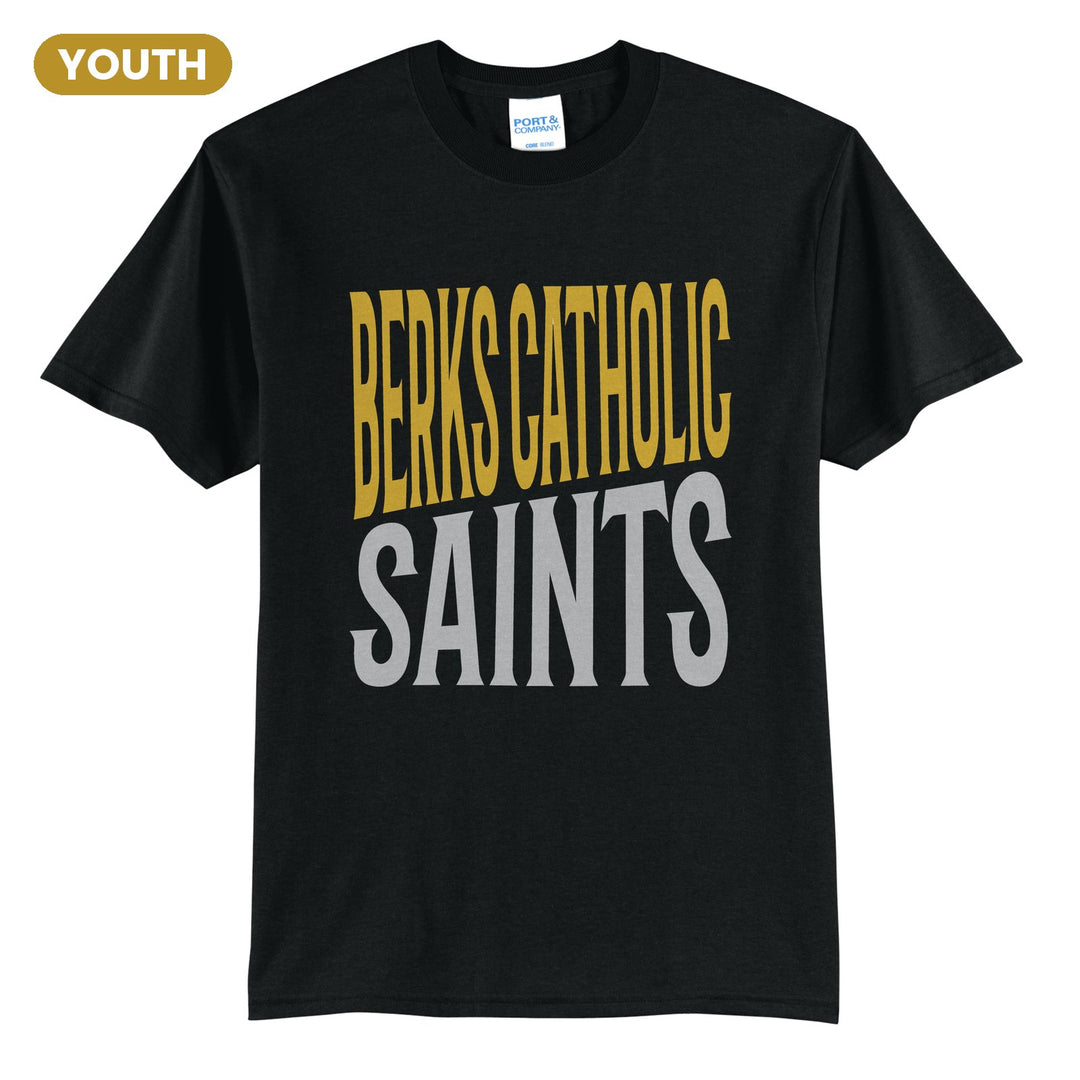 Berks Catholic Saints Block Stack youth t-shirt in Jet Black: tall BERKS CATHOLIC stacked over SAINTS in condensed block letters
