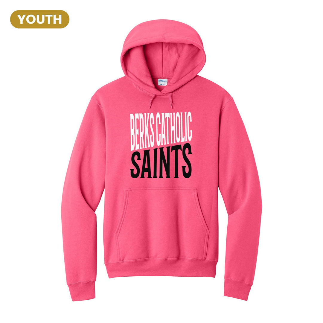 Berks Catholic Saints Block Stack youth hoodie in Neon Pink: tall BERKS CATHOLIC stacked over SAINTS in condensed block letters