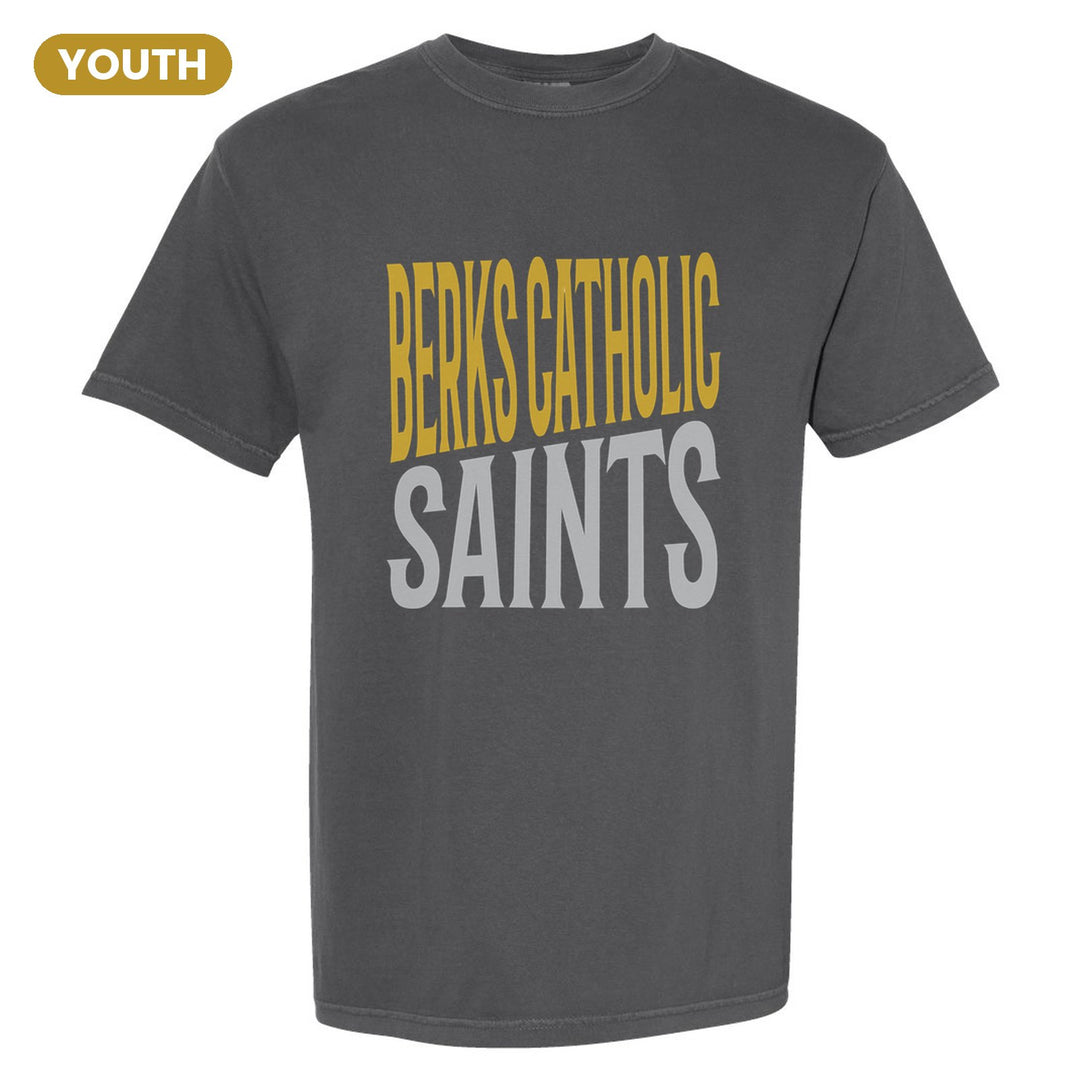 Berks Catholic Saints Block Stack youth comfort colors t-shirt in Pepper: tall BERKS CATHOLIC stacked over SAINTS in condensed block letters