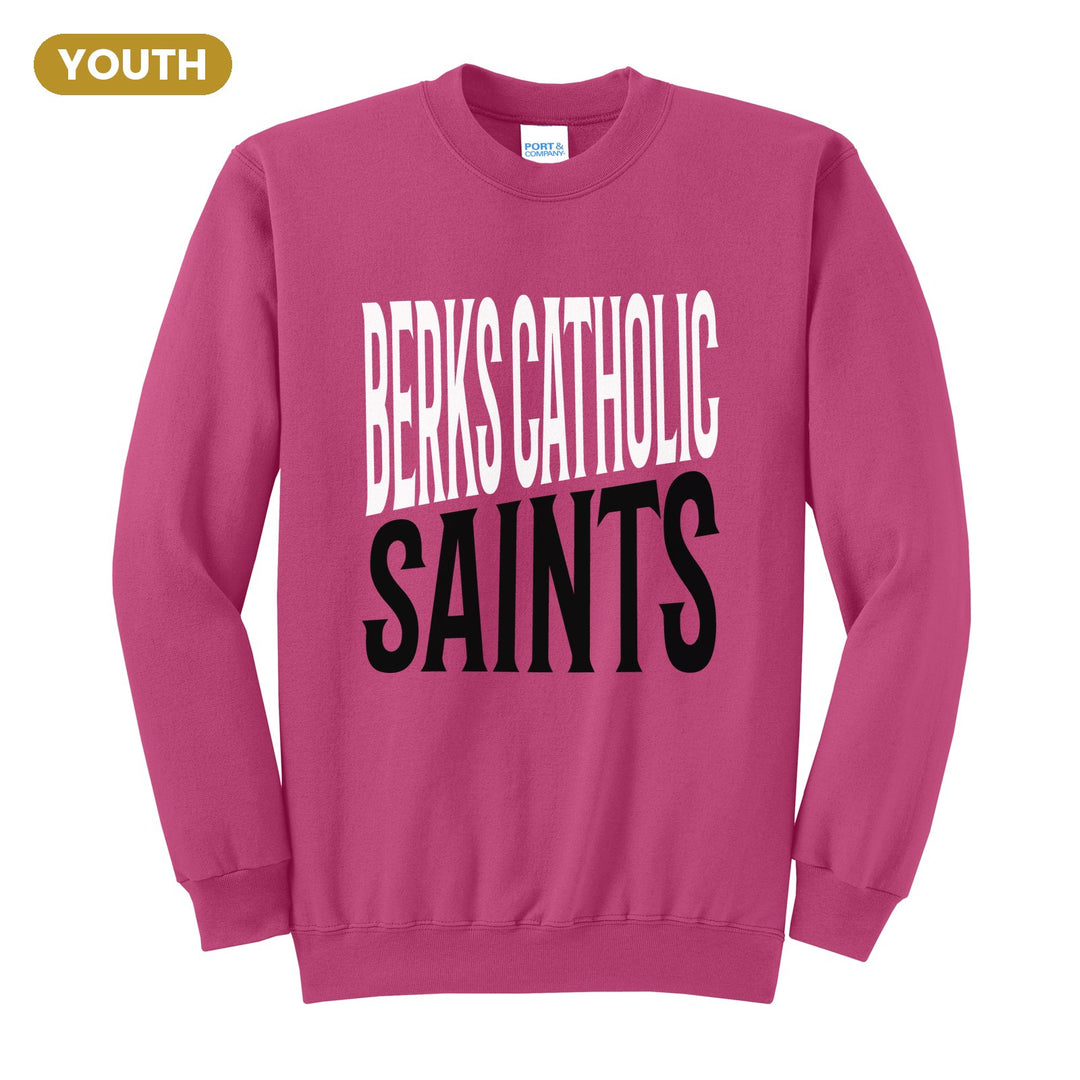 Berks Catholic Saints Block Stack youth crewneck sweatshirt in Sangria: tall BERKS CATHOLIC stacked over SAINTS in condensed block letters