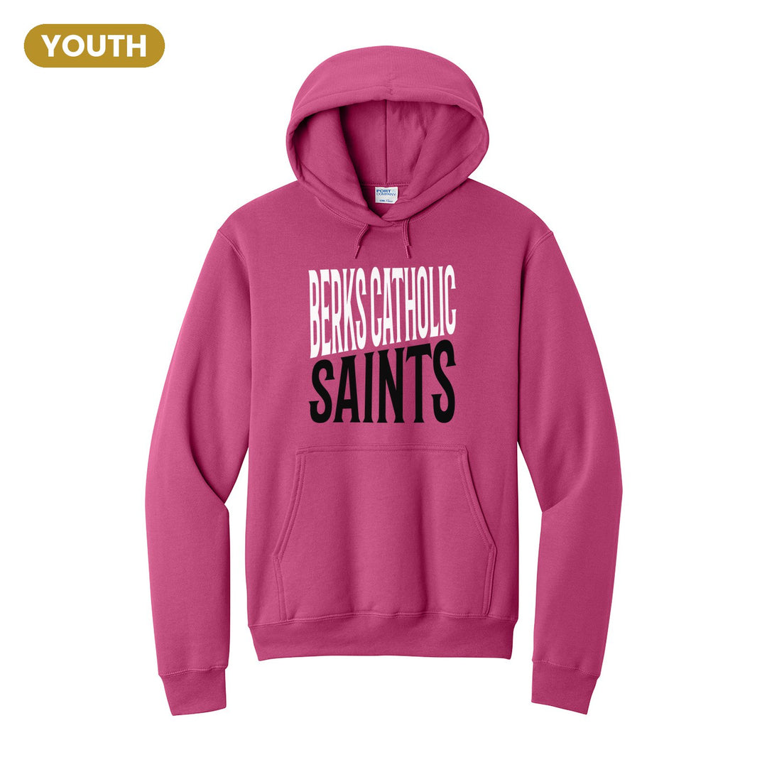 Berks Catholic Saints Block Stack youth hoodie in Sangria: tall BERKS CATHOLIC stacked over SAINTS in condensed block letters