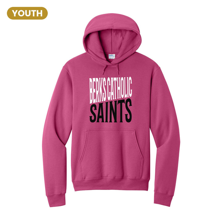 Berks Catholic Saints Block Stack youth hoodie in Sangria: tall BERKS CATHOLIC stacked over SAINTS in condensed block letters