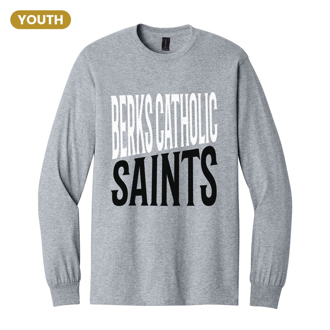 Berks Catholic Saints Block Stack youth long sleeve t-shirt in Sport Grey: tall BERKS CATHOLIC stacked over SAINTS in condensed block letters