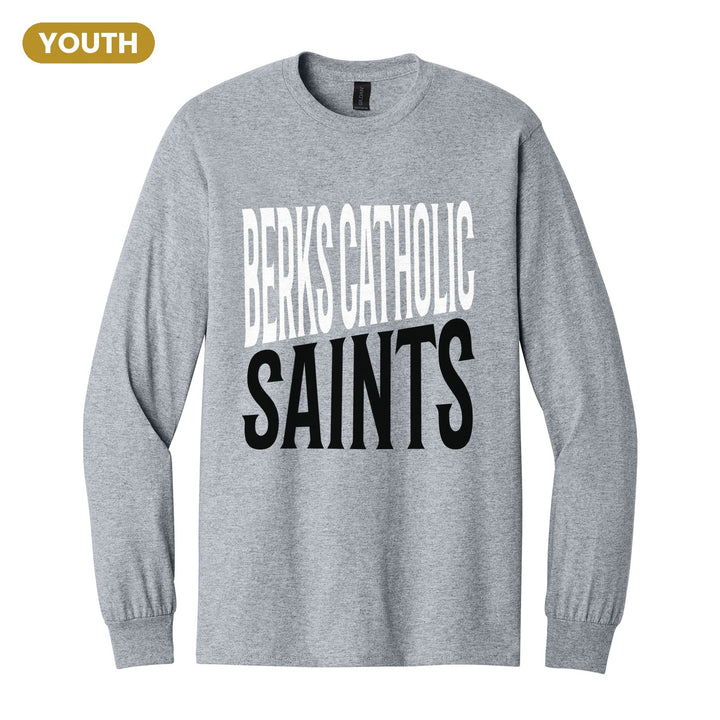 Berks Catholic Saints Block Stack youth long sleeve t-shirt in Sport Grey: tall BERKS CATHOLIC stacked over SAINTS in condensed block letters