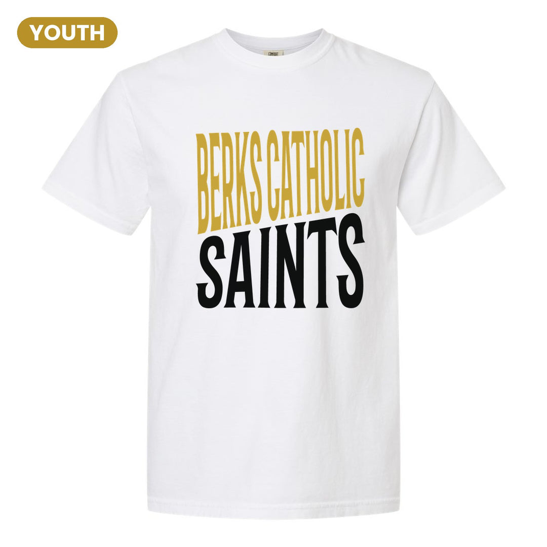 Berks Catholic Saints Block Stack youth comfort colors t-shirt in White: tall BERKS CATHOLIC stacked over SAINTS in condensed block letters