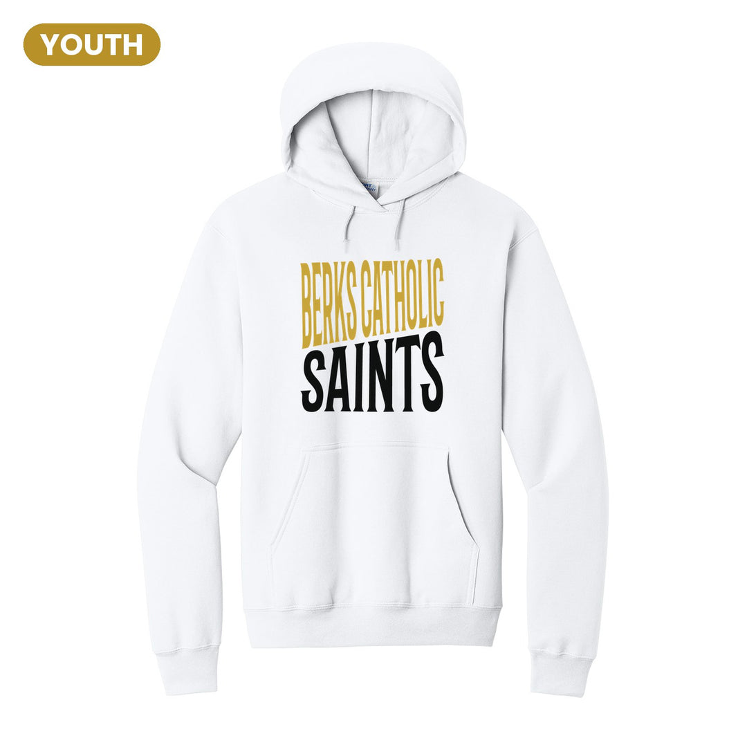 Berks Catholic Saints Block Stack youth hoodie in White: tall BERKS CATHOLIC stacked over SAINTS in condensed block letters
