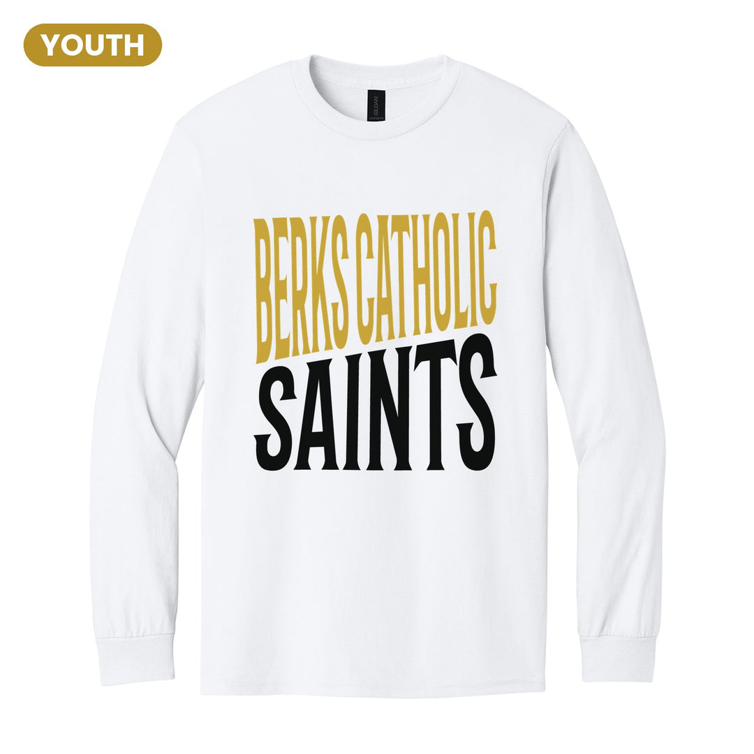 Berks Catholic Saints Block Stack youth long sleeve t-shirt in White: tall BERKS CATHOLIC stacked over SAINTS in condensed block letters