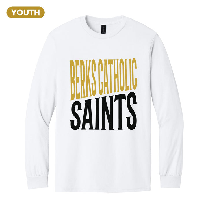 Berks Catholic Saints Block Stack youth long sleeve t-shirt in White: tall BERKS CATHOLIC stacked over SAINTS in condensed block letters