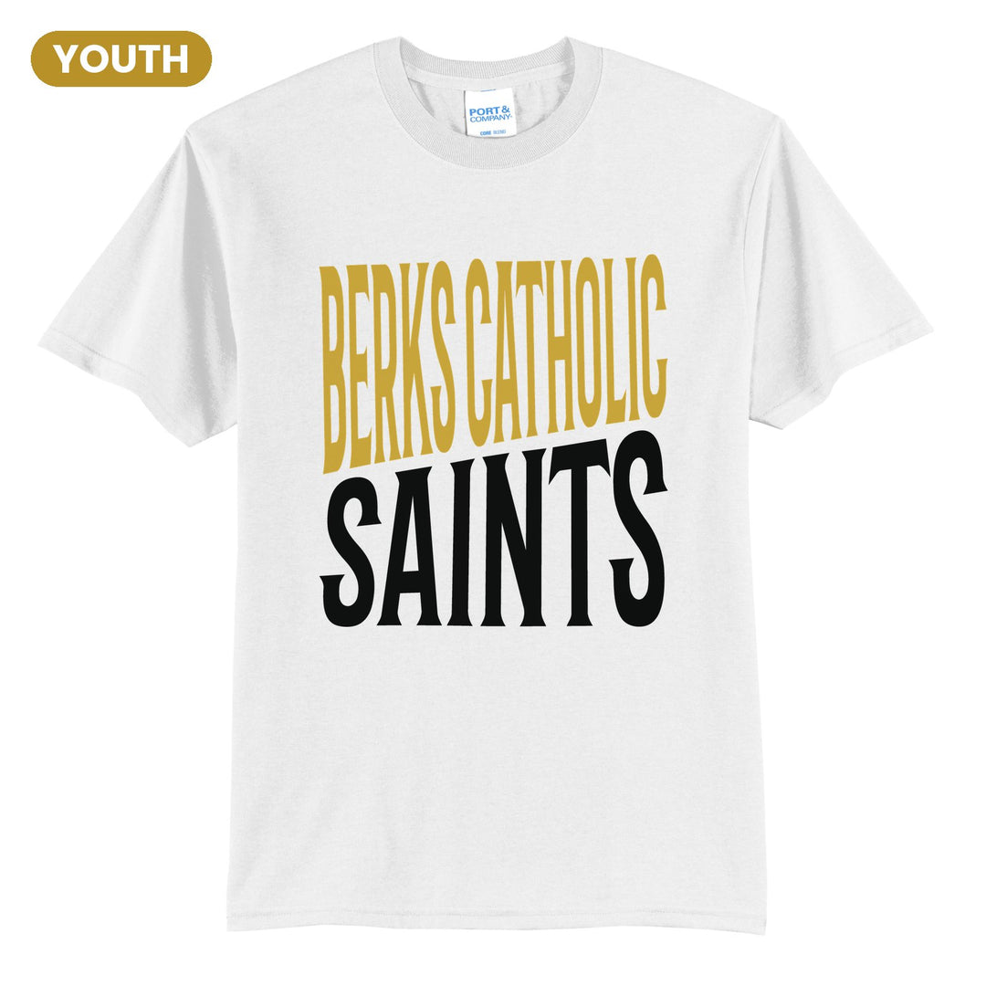 Berks Catholic Saints Block Stack youth t-shirt in White: tall BERKS CATHOLIC stacked over SAINTS in condensed block letters
