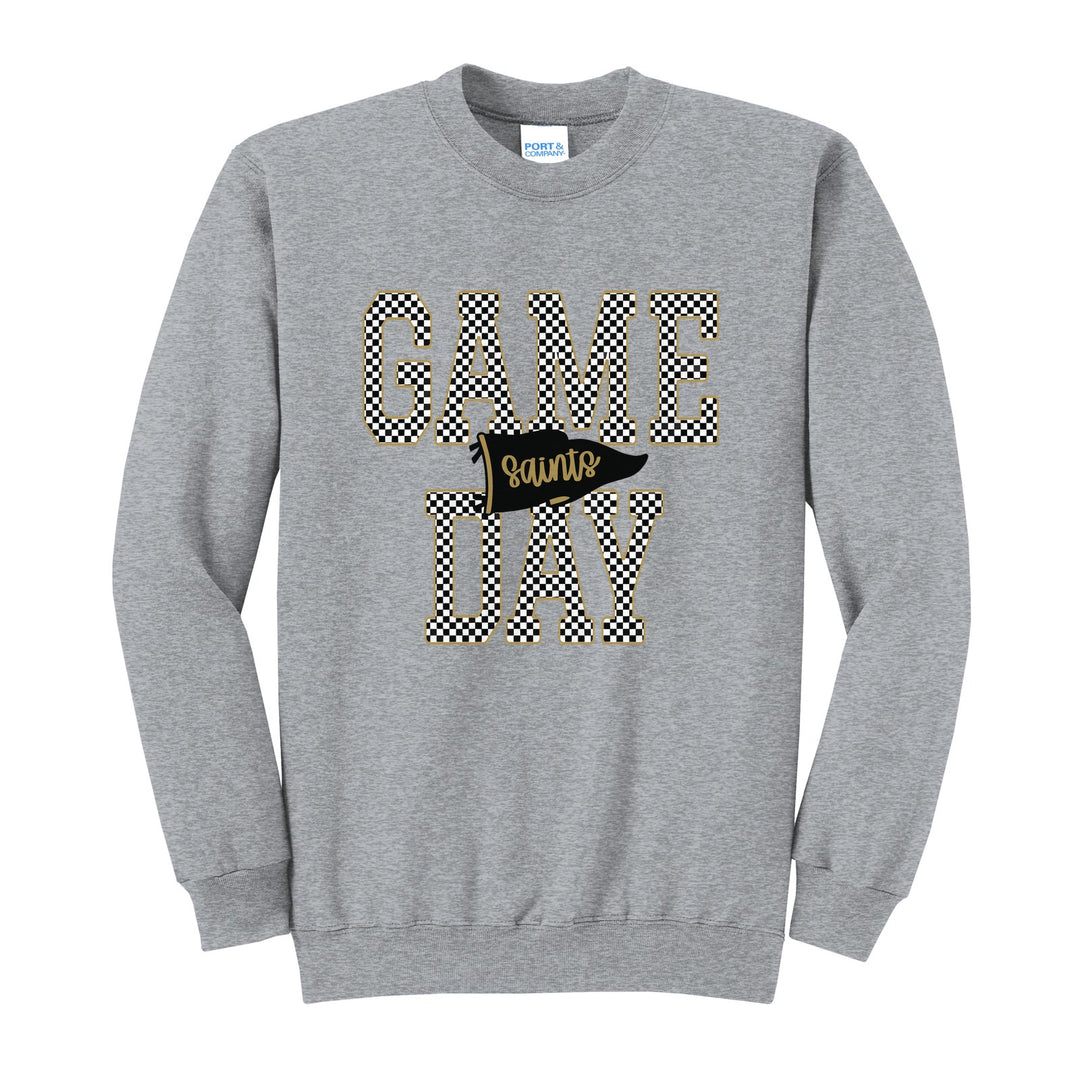 Berks Catholic Saints Game Day crewneck sweatshirt in Athletic Heather: checkered GAME DAY lettering with a Saints pennant across the middle