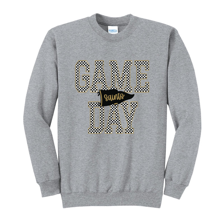 Berks Catholic Saints Game Day crewneck sweatshirt in Athletic Heather: checkered GAME DAY lettering with a Saints pennant across the middle