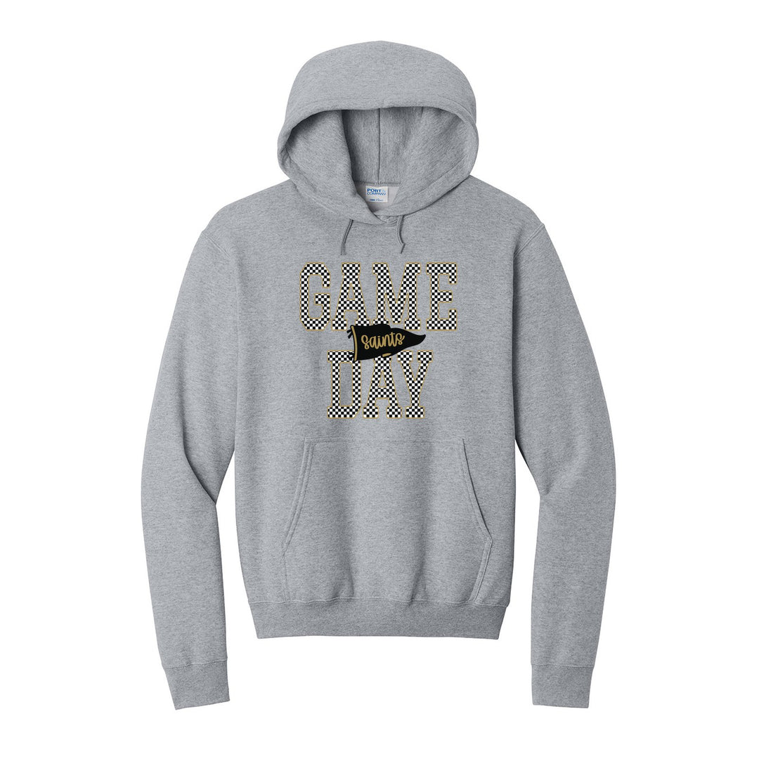 Berks Catholic Saints Game Day hoodie in Athletic Heather: checkered GAME DAY lettering with a Saints pennant across the middle