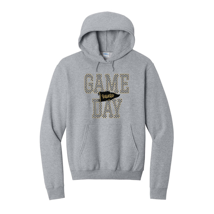 Berks Catholic Saints Game Day hoodie in Athletic Heather: checkered GAME DAY lettering with a Saints pennant across the middle