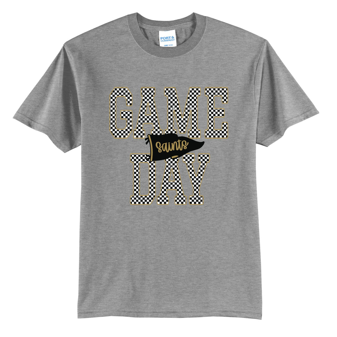 Berks Catholic Saints Game Day t-shirt in Athletic Heather: checkered GAME DAY lettering with a Saints pennant across the middle