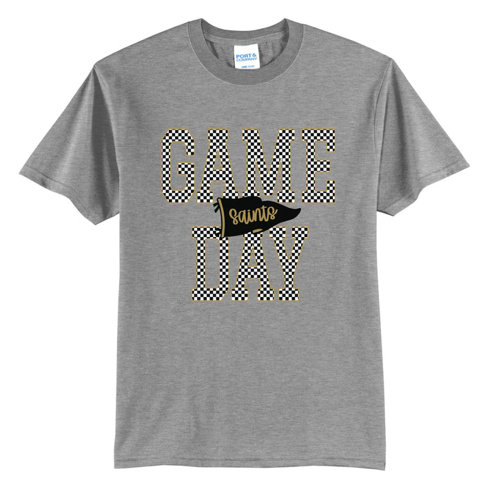 Berks Catholic Saints Game Day t-shirt in Athletic Heather: checkered GAME DAY lettering with a Saints pennant across the middle