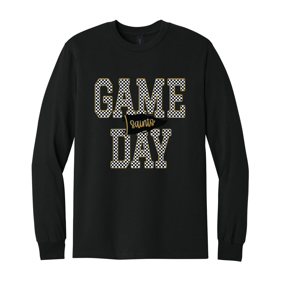 Berks Catholic Saints Game Day long sleeve t-shirt in Black: checkered GAME DAY lettering with a Saints pennant across the middle