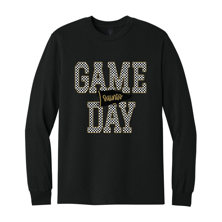 Berks Catholic Saints Game Day long sleeve t-shirt in Black: checkered GAME DAY lettering with a Saints pennant across the middle
