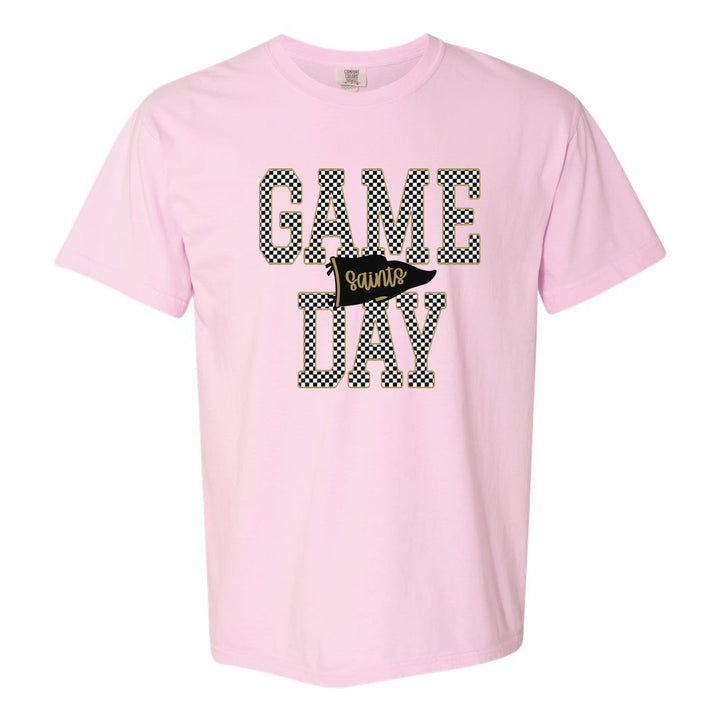 Berks Catholic Saints Game Day comfort colors t-shirt in Blossom: checkered GAME DAY lettering with a Saints pennant across the middle