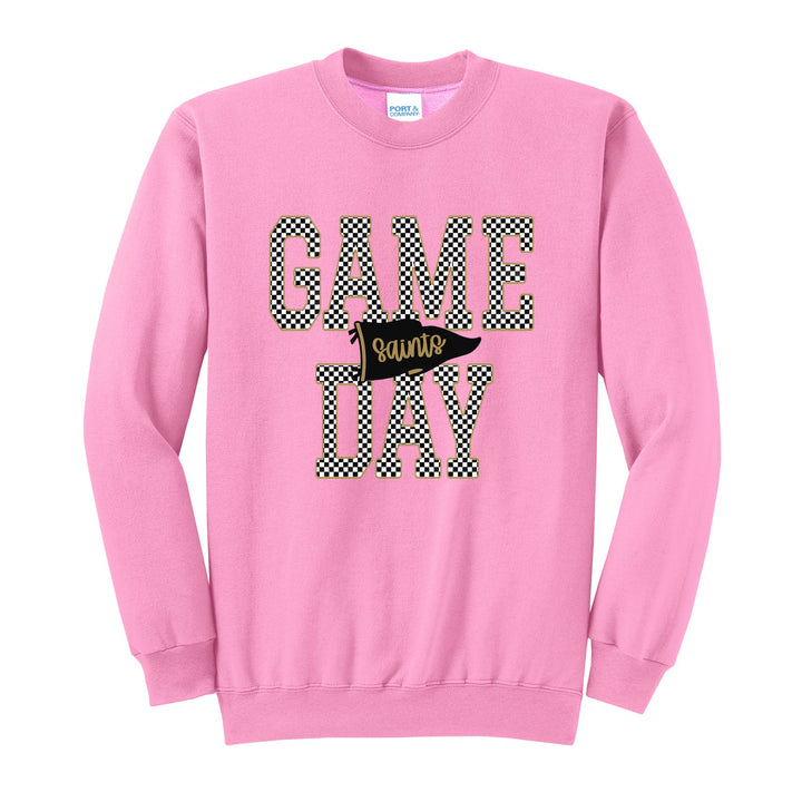 Berks Catholic Saints Game Day crewneck sweatshirt in Candy Pink: checkered GAME DAY lettering with a Saints pennant across the middle