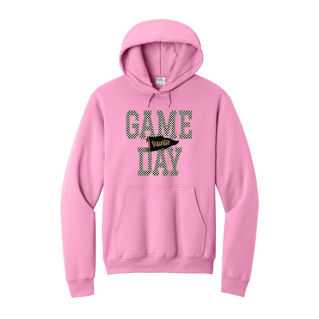 Berks Catholic Saints Game Day hoodie in Candy Pink: checkered GAME DAY lettering with a Saints pennant across the middle