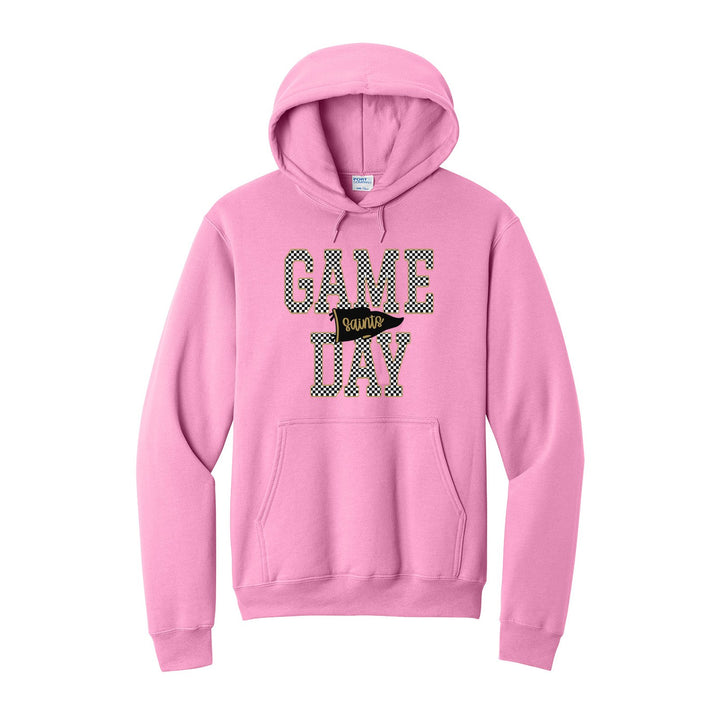 Berks Catholic Saints Game Day hoodie in Candy Pink: checkered GAME DAY lettering with a Saints pennant across the middle