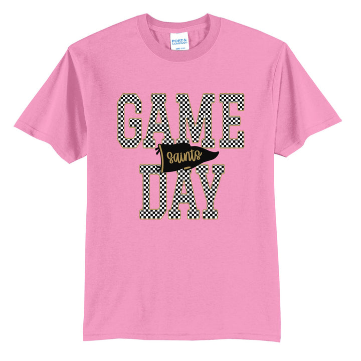 Berks Catholic Saints Game Day t-shirt in Candy Pink: checkered GAME DAY lettering with a Saints pennant across the middle