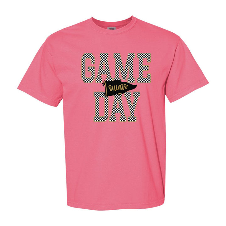 Berks Catholic Saints Game Day comfort colors t-shirt in Crunchberry: checkered GAME DAY lettering with a Saints pennant across the middle