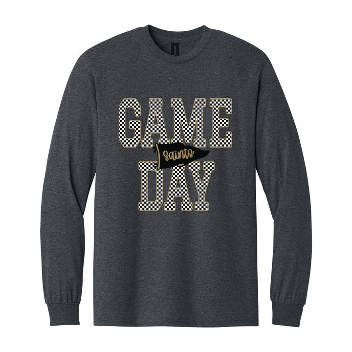 Berks Catholic Saints Game Day long sleeve t-shirt in Dark Heather: checkered GAME DAY lettering with a Saints pennant across the middle