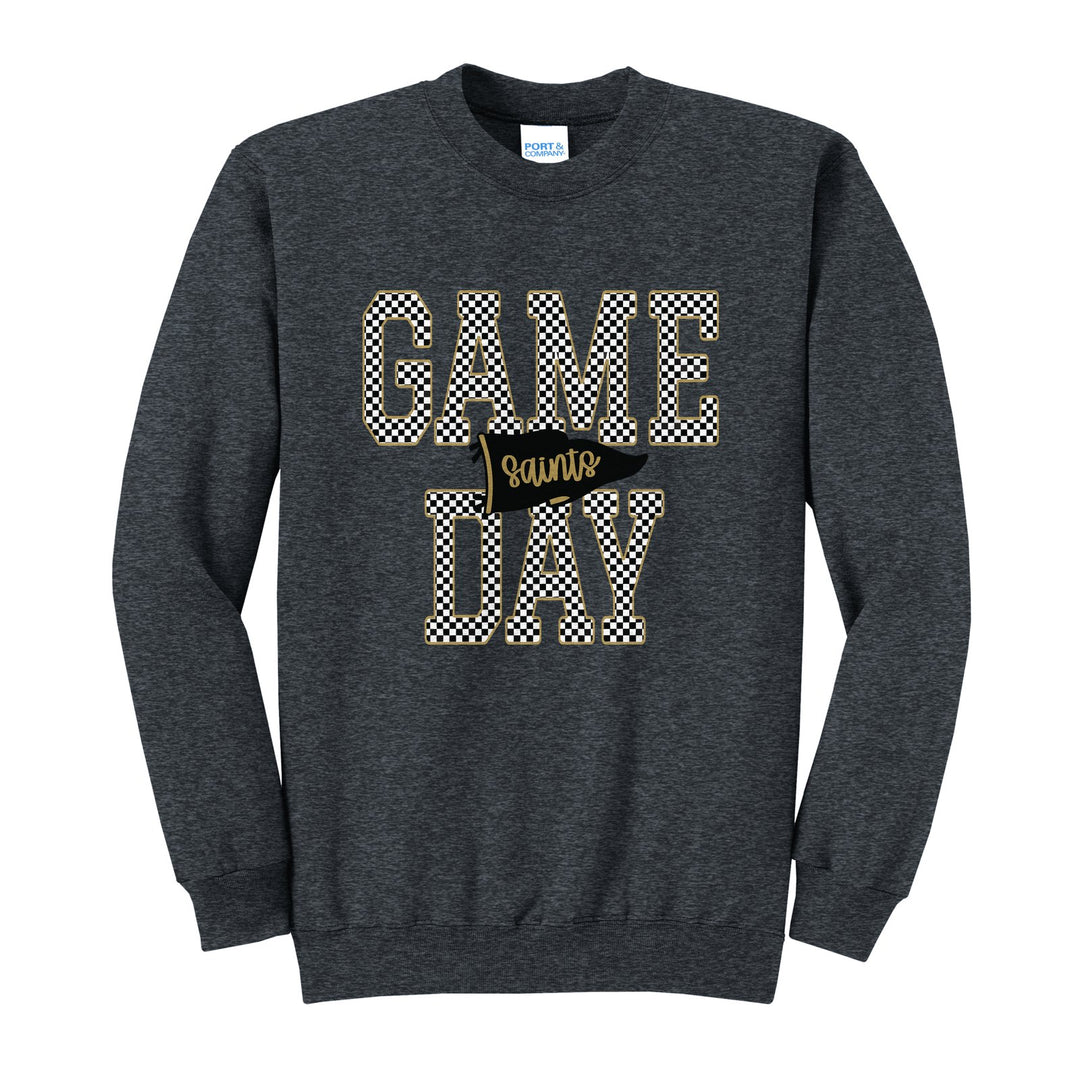 Berks Catholic Saints Game Day crewneck sweatshirt in Dark Heather Grey: checkered GAME DAY lettering with a Saints pennant across the middle