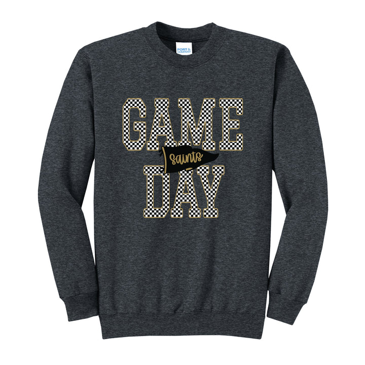 Berks Catholic Saints Game Day crewneck sweatshirt in Dark Heather Grey: checkered GAME DAY lettering with a Saints pennant across the middle