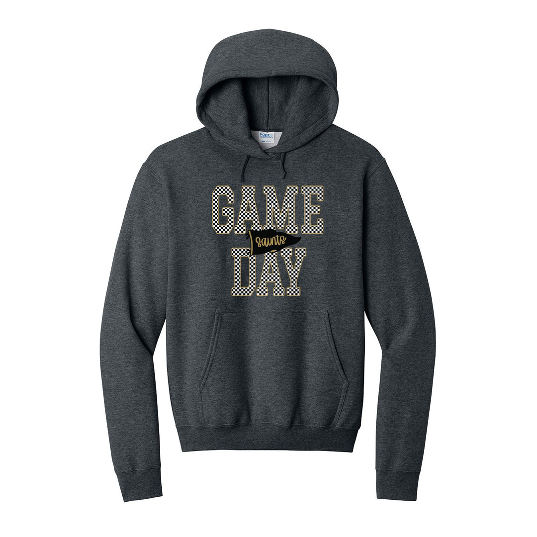 Berks Catholic Saints Game Day hoodie in Dark Heather Grey: checkered GAME DAY lettering with a Saints pennant across the middle