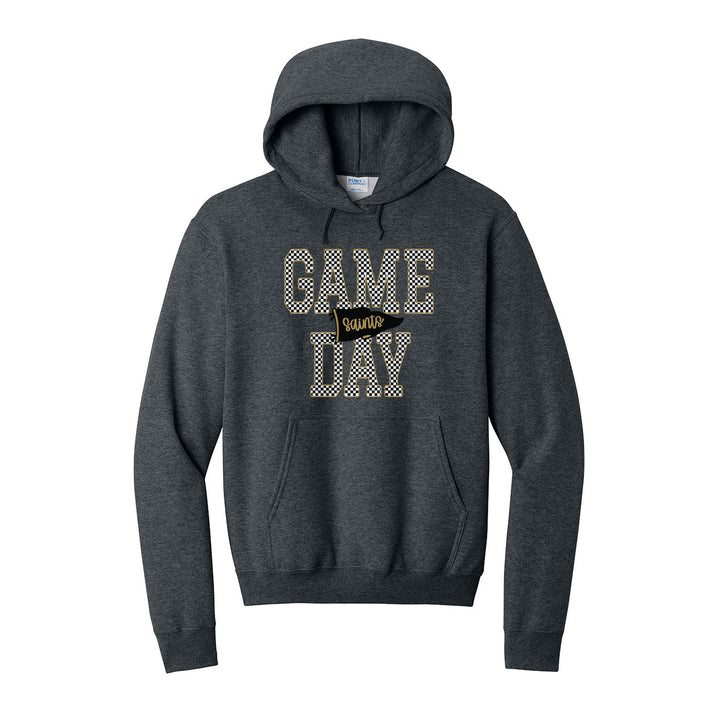 Berks Catholic Saints Game Day hoodie in Dark Heather Grey: checkered GAME DAY lettering with a Saints pennant across the middle