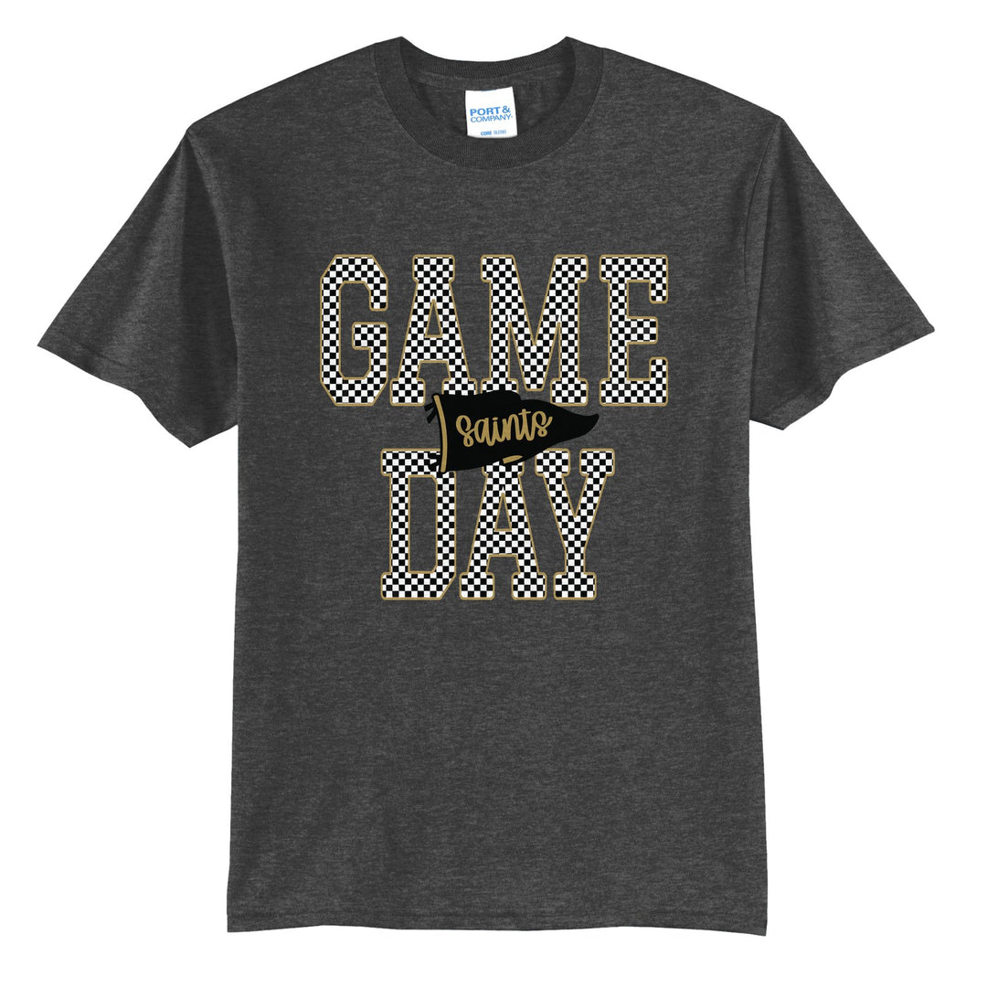 Berks Catholic Saints Game Day t-shirt in Dark Heather Grey: checkered GAME DAY lettering with a Saints pennant across the middle