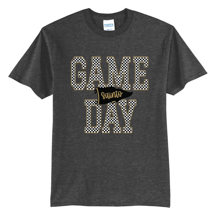 Berks Catholic Saints Game Day t-shirt in Dark Heather Grey: checkered GAME DAY lettering with a Saints pennant across the middle