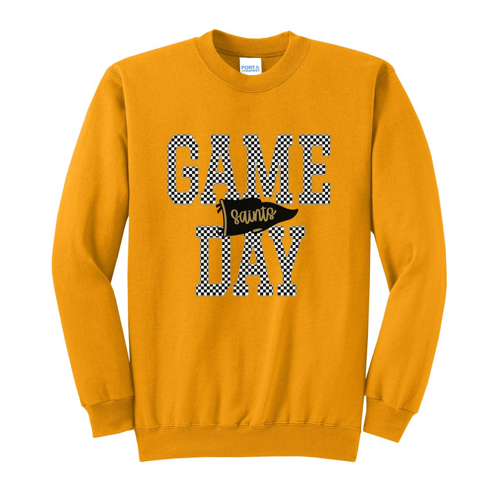 Berks Catholic Saints Game Day crewneck sweatshirt in Gold: checkered GAME DAY lettering with a Saints pennant across the middle