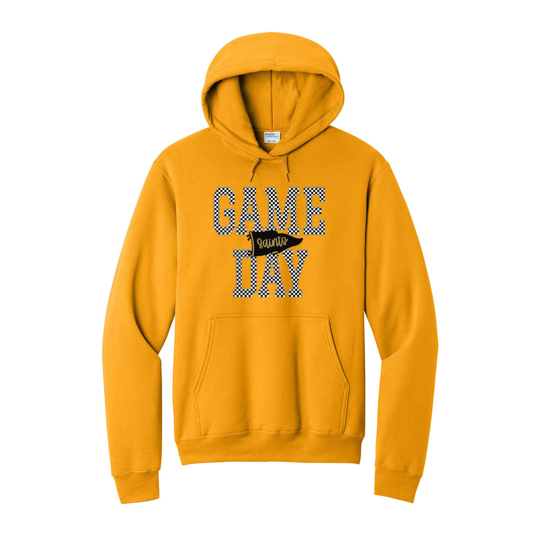 Berks Catholic Saints Game Day hoodie in Gold: checkered GAME DAY lettering with a Saints pennant across the middle