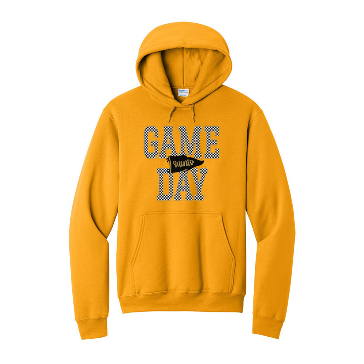 Berks Catholic Saints Game Day hoodie in Gold: checkered GAME DAY lettering with a Saints pennant across the middle
