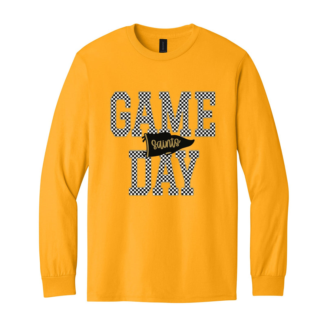 Berks Catholic Saints Game Day long sleeve t-shirt in Gold: checkered GAME DAY lettering with a Saints pennant across the middle