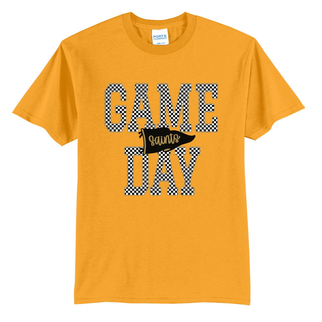 Berks Catholic Saints Game Day t-shirt in Gold: checkered GAME DAY lettering with a Saints pennant across the middle