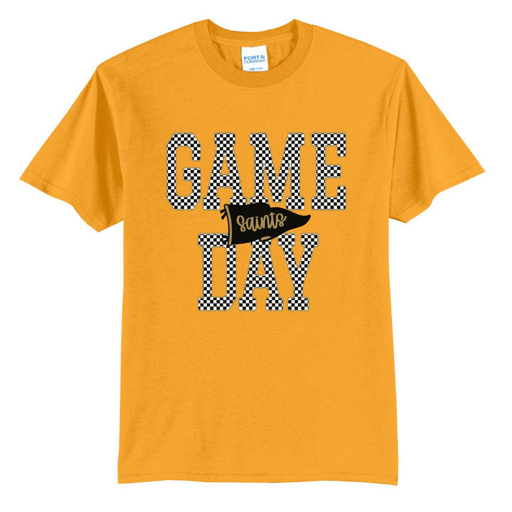 Berks Catholic Saints Game Day t-shirt in Gold: checkered GAME DAY lettering with a Saints pennant across the middle