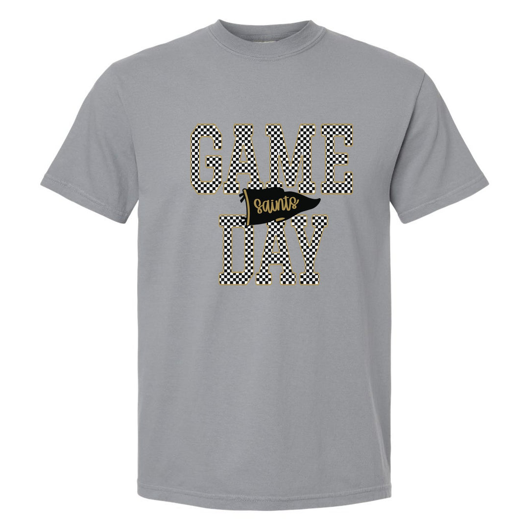 Berks Catholic Saints Game Day comfort colors t-shirt in Granite: checkered GAME DAY lettering with a Saints pennant across the middle