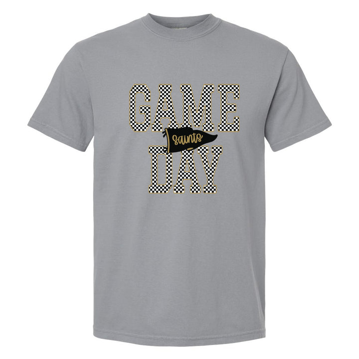 Berks Catholic Saints Game Day comfort colors t-shirt in Granite: checkered GAME DAY lettering with a Saints pennant across the middle