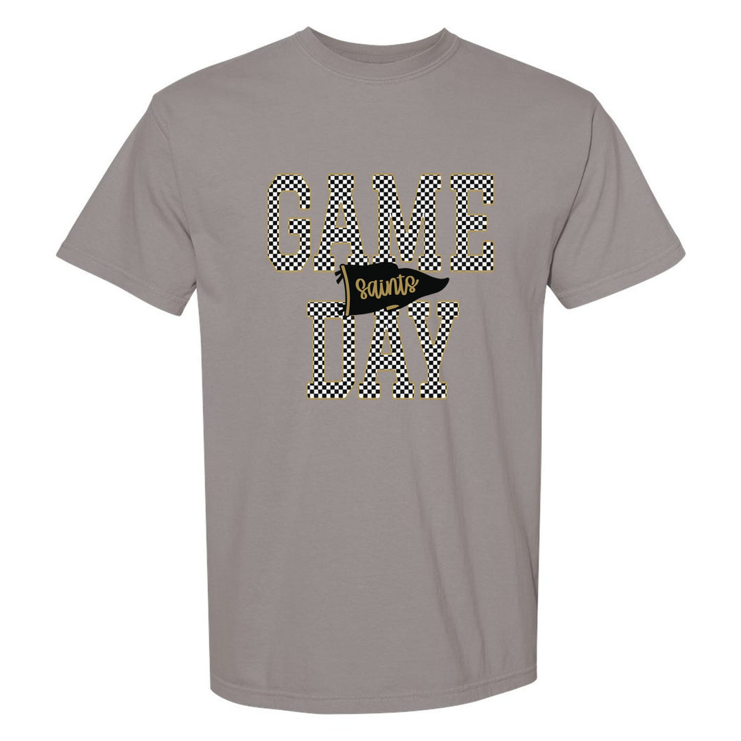 Berks Catholic Saints Game Day comfort colors t-shirt in Grey: checkered GAME DAY lettering with a Saints pennant across the middle