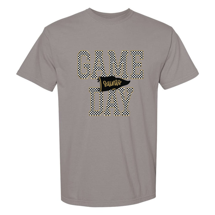 Berks Catholic Saints Game Day comfort colors t-shirt in Grey: checkered GAME DAY lettering with a Saints pennant across the middle