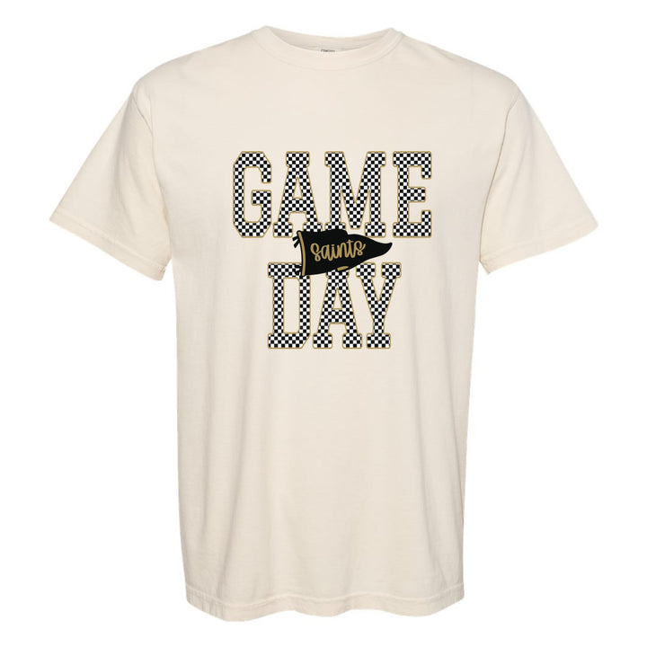 Berks Catholic Saints Game Day comfort colors t-shirt in Ivory: checkered GAME DAY lettering with a Saints pennant across the middle