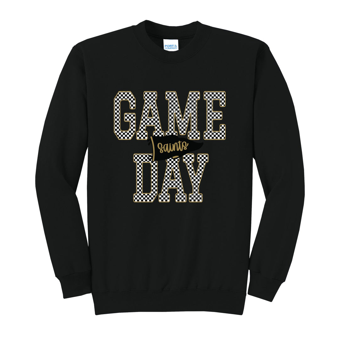 Berks Catholic Saints Game Day crewneck sweatshirt in Jet Black: checkered GAME DAY lettering with a Saints pennant across the middle