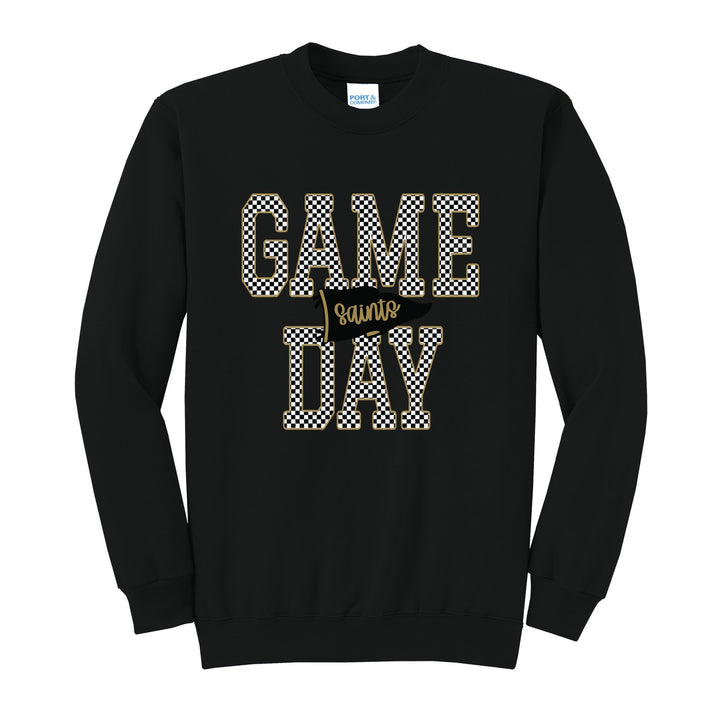 Berks Catholic Saints Game Day crewneck sweatshirt in Jet Black: checkered GAME DAY lettering with a Saints pennant across the middle